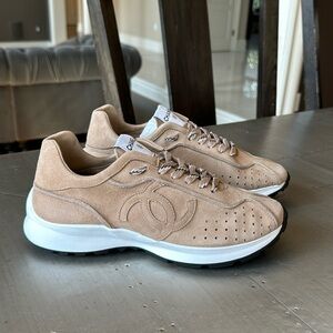 Chanel 21p beige dark suede goatskin sneaker trainer flat sz 38
